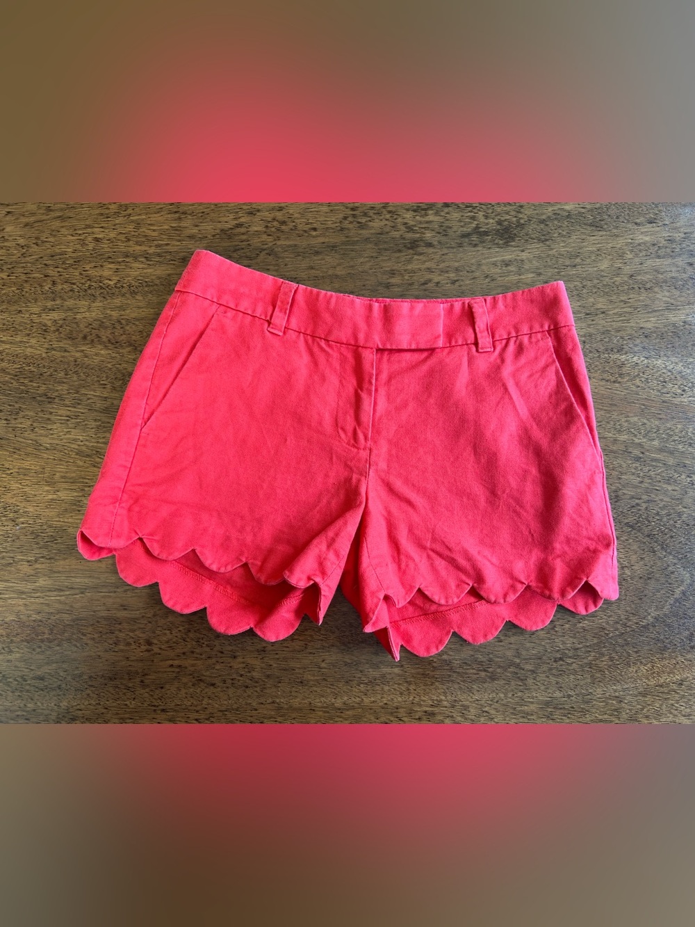 J.Crew Factory Scalloped Hem Shorts Coral Pink Linen Blend Size 00 Preppy Summer